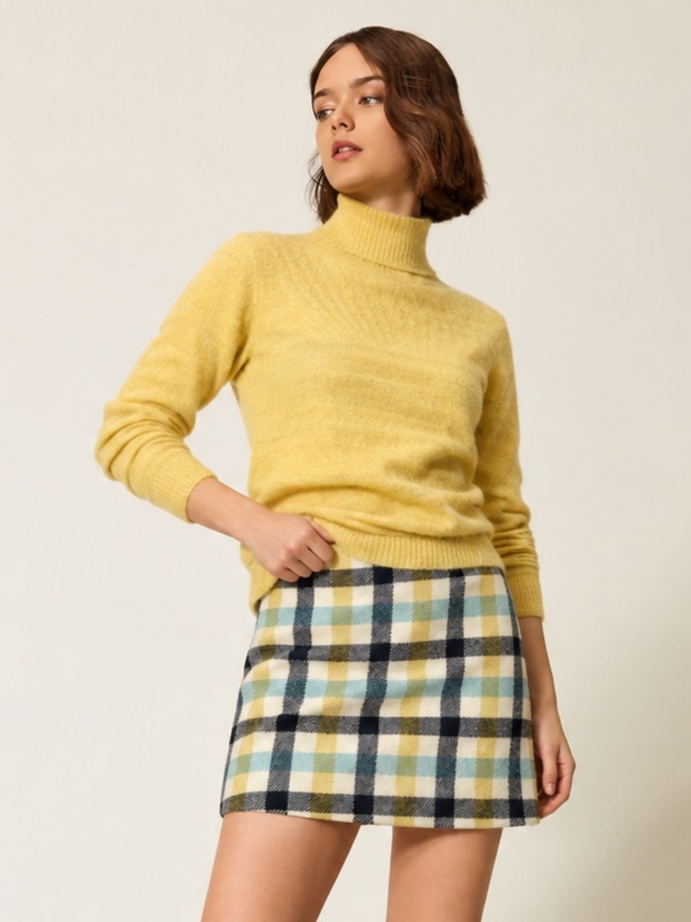 Boden 100% Wool Plaid Tweed A-Line Mini Skirt Pastel Blue Yellow Cream Sz 4P